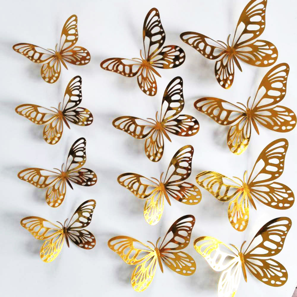Wedding Package Gold - 12-teiliges Set Gold Silber Hohle Schmetterling-Wandaufkleber