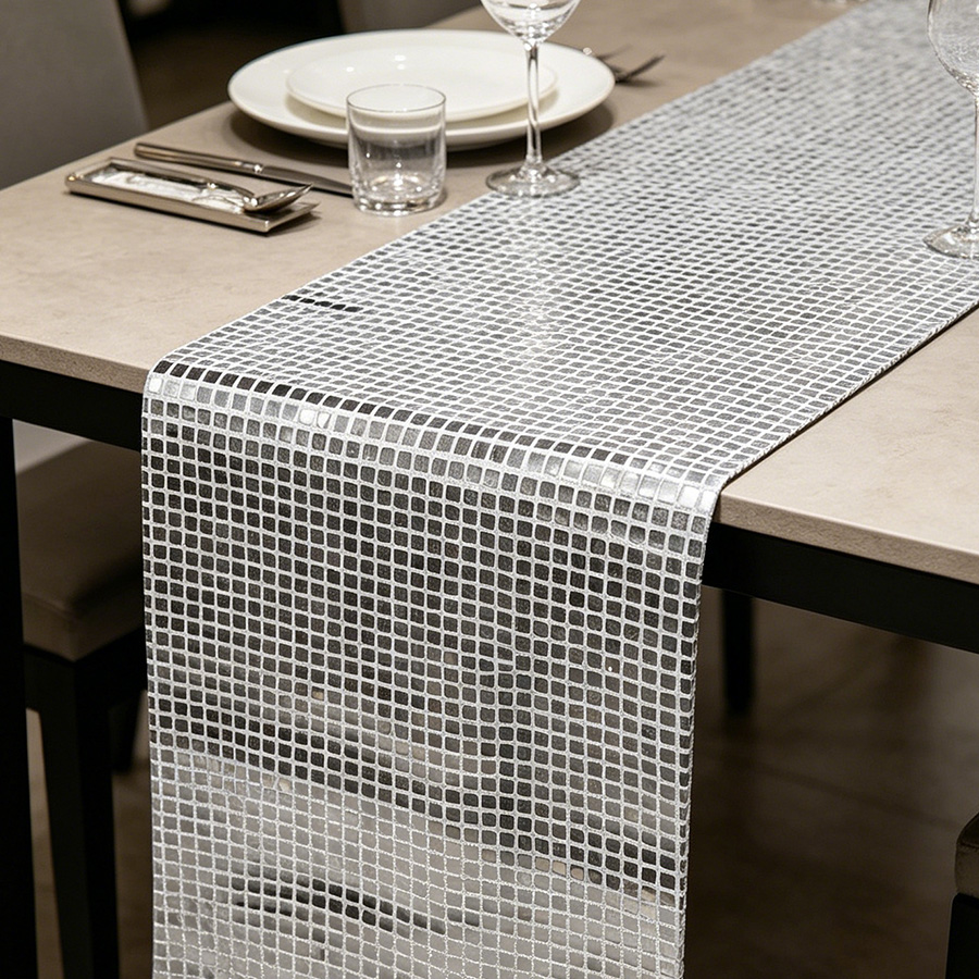 Table Runner Sequin - Spiegelsilberner Pailletten-Tischläufer 70er 80er Jahre Themen-Geburtstagsparty