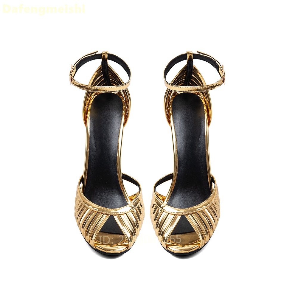 Wedding Super - Metallisch goldene Cutout-Käfig-Sandalen mit Knöchelriemen, runder
