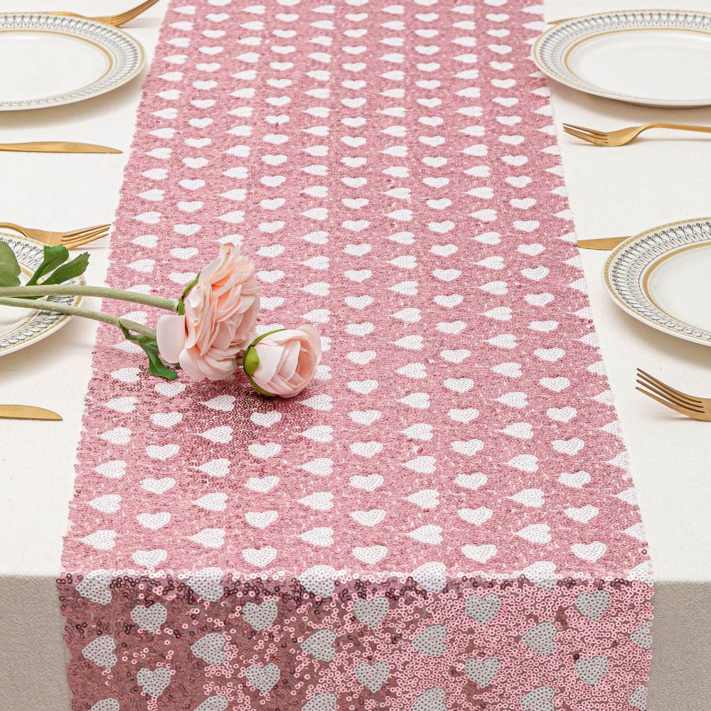 Table Runner Sequin - Valentinstag Pailletten-Tischläufer mit Herzchen, Romantischer Glitzer-Tischläufer,