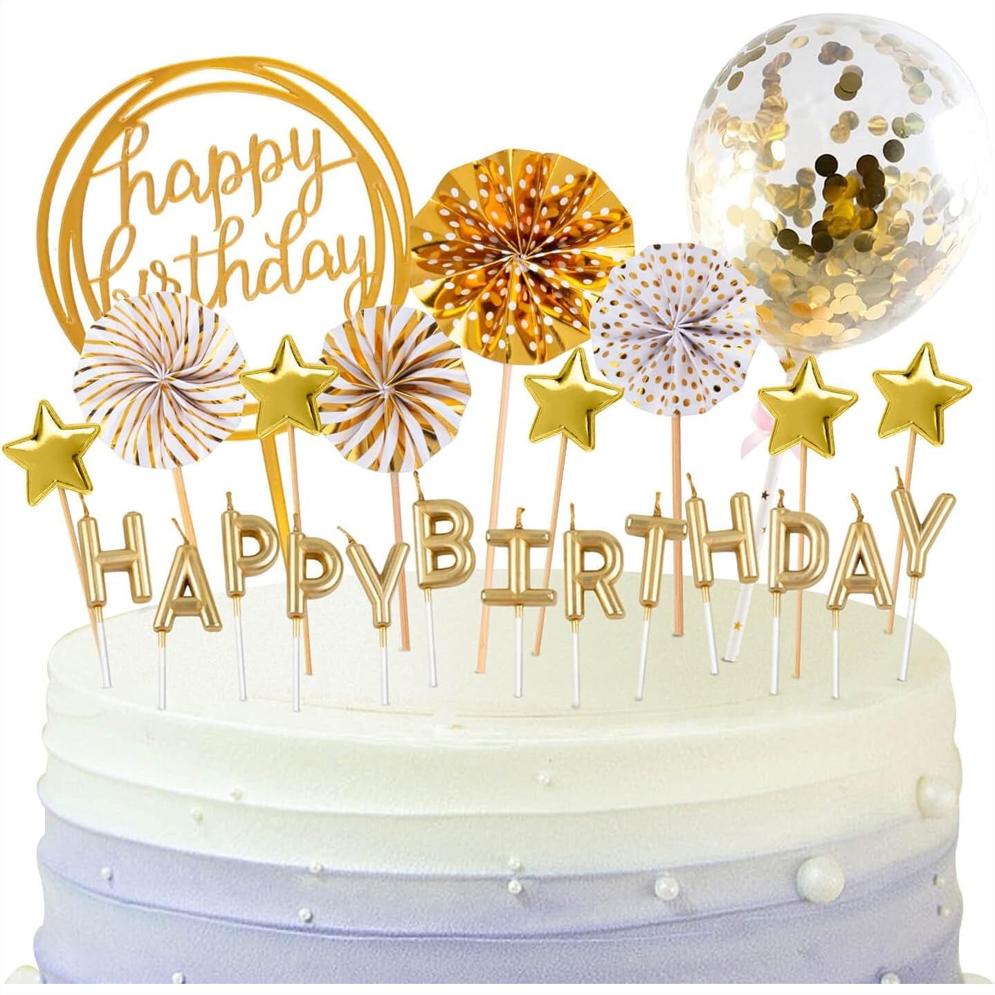 Confetti Balloon Set - Goldene Geburtstagskerzen-Set mit Kuchenaufsatz, Konfetti-Ballon, Sternen-Fächer