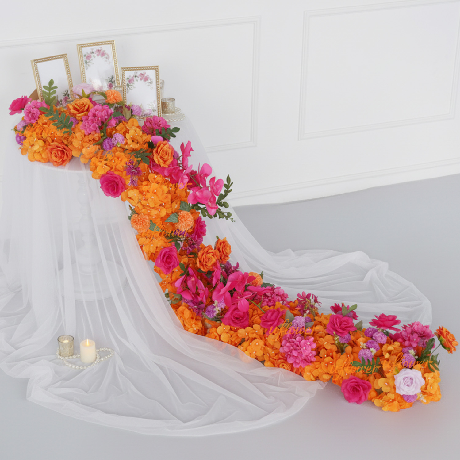 Aisle Runner White - Uflower Hochzeitsdekorationen Künstliche Seidenblumen Rosen-Hortensien-Arrangement für